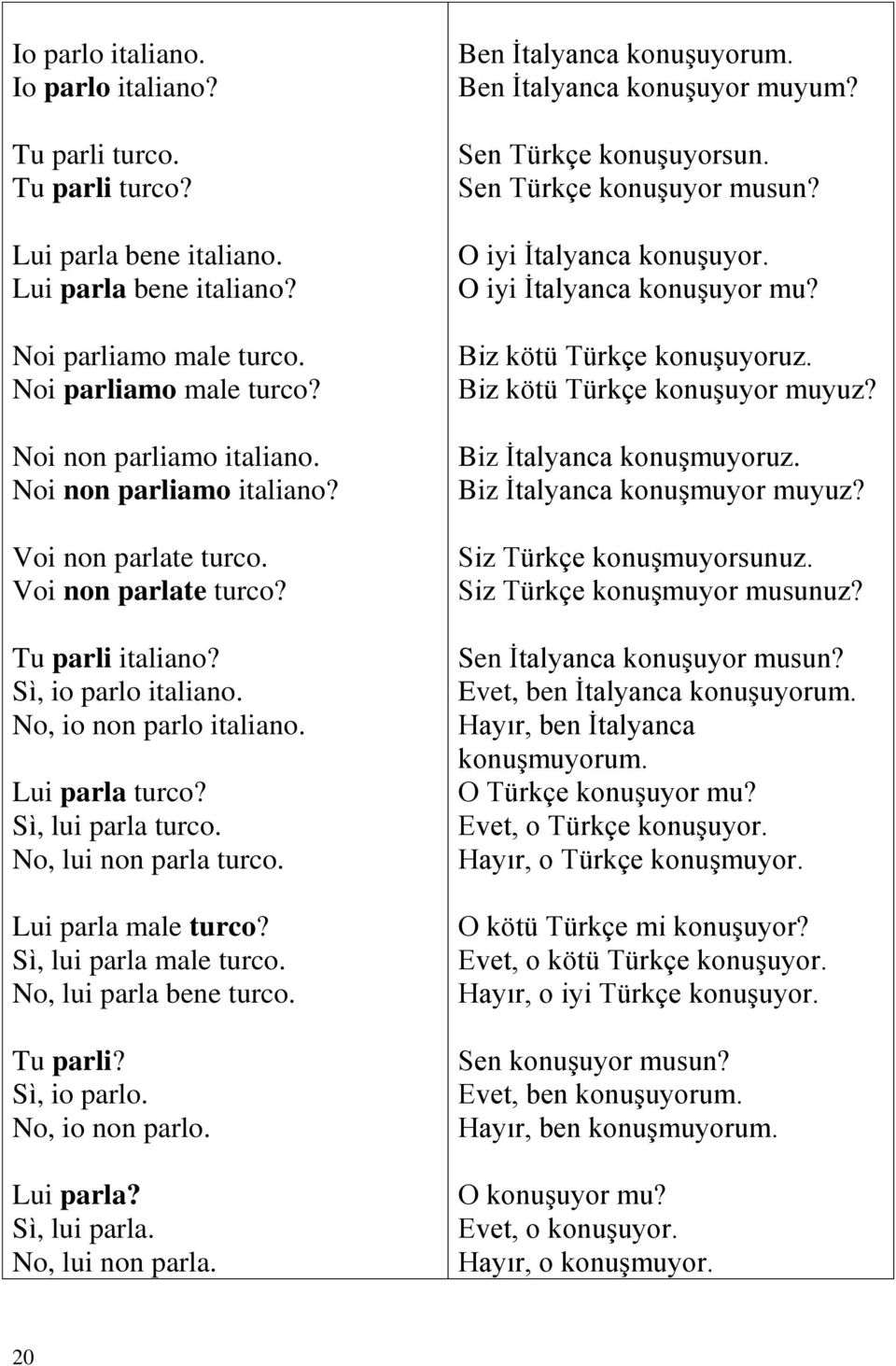 No, lui non parla turco. Lui parla male turco? Sì, lui parla male turco. No, lui parla bene turco. Tu parli? Sì, io parlo. No, io non parlo. Lui parla? Sì, lui parla. No, lui non parla.