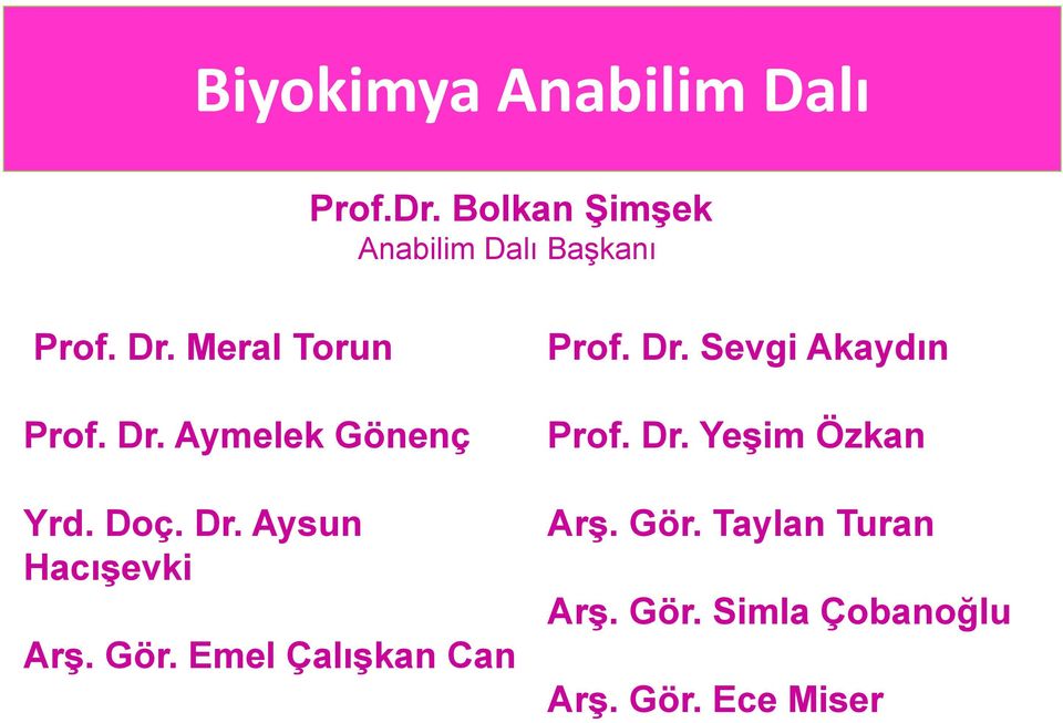 Doç. Dr. Aysun Hacışevki Arş. Gör. Emel Çalışkan Can Prof. Dr. Sevgi Akaydın Prof.