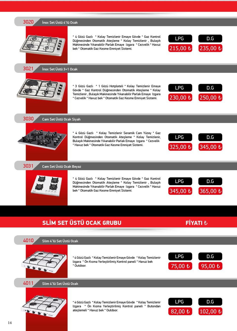 215,00 235,00 3021 İnox Set Üstü 3+1 Ocak * 3 Gözü Gazlı * 1 Gözü Hotplateli * Kolay Temizlenir Emaye Gövde * Gaz Kontrol Düğmesinden Otomatik Ateşleme * Kolay Temizlenir, Bulaşık Makinesinde