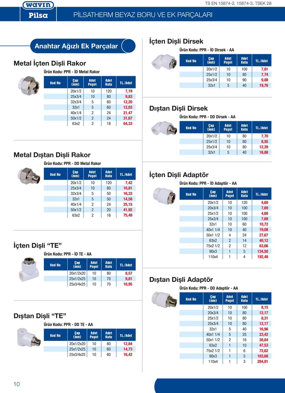 / 7,19 9,83 12,20 12,03 21,47 31,67 64,33 Dıștan Dișli Dirsek 20x1/2 10 100 25x1/2 10 80 25x3/4 10 90 32x1 5 40 Ürün Kodu: PPR - DD Dirsek - AA TL./ 7,61 7,74 9,88 19,76 TL.