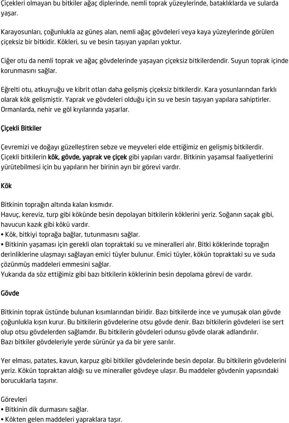 Ciğer otu da nemli toprak ve ağaç gövdelerinde yaşayan çiçeksiz bitkilerdendir. Suyun toprak içinde korunmasını sağlar. Eğrelti otu, atkuyruğu ve kibrit otları daha gelişmiş çiçeksiz bitkilerdir.