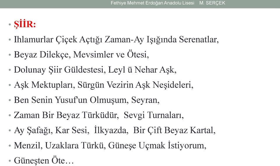 Senin Yusuf'un Olmuşum, Seyran, Zaman Bir Beyaz Türküdür, Sevgi Turnaları, Ay Şafağı, Kar