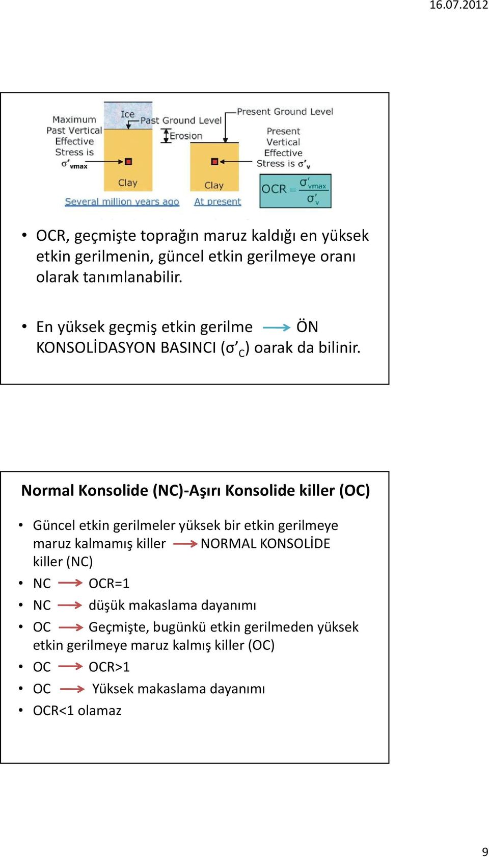 Normal Konsolide (NC)-Aşırı Konsolide killer (OC) Güncel etkin gerilmeler yüksek bir etkin gerilmeye maruz kalmamış killer NORMAL