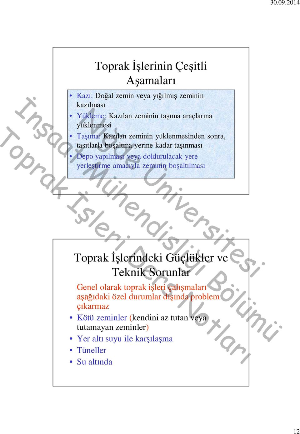 yerleştirme amacıyla zeminin boşaltılması Toprak İşlerindeki Güçlükler ve Teknik Sorunlar Genel olarak toprak işleri çalışmaları