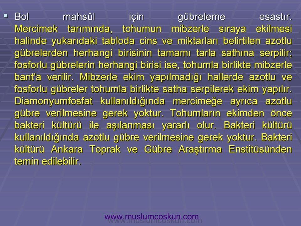 fosforlu gübrelerin herhangi birisi ise, tohumla birlikte mibzerle bant'a verilir.