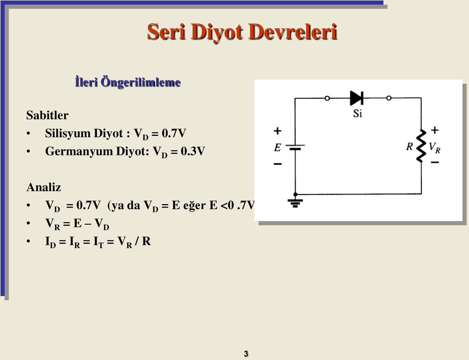 7V Germanyum Diyot: V D = 0.3V Analiz V D = 0.