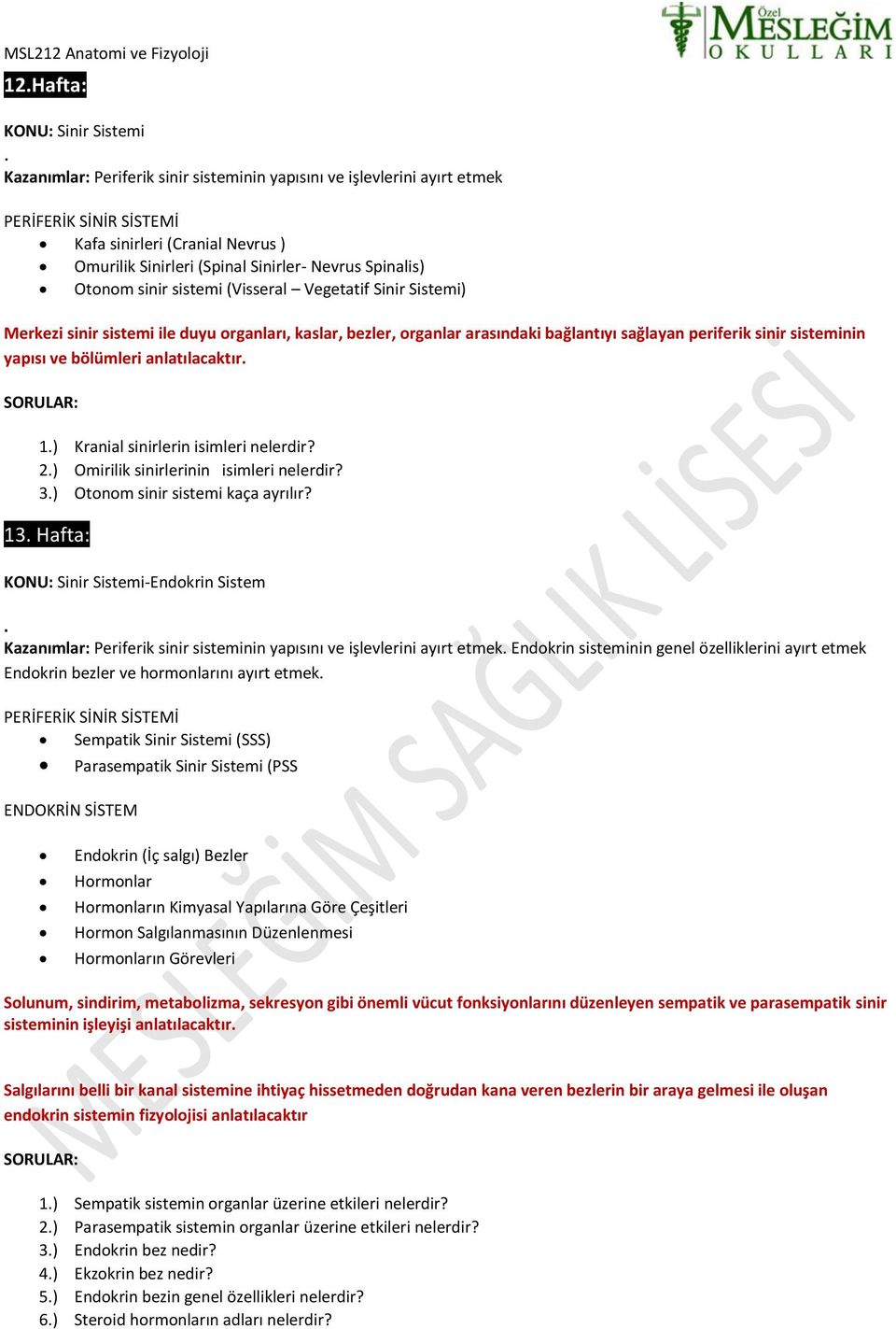 sistemi (Visseral Vegetatif Sinir Sistemi) Merkezi sinir sistemi ile duyu organları, kaslar, bezler, organlar arasındaki bağlantıyı sağlayan periferik sinir sisteminin yapısı ve bölümleri