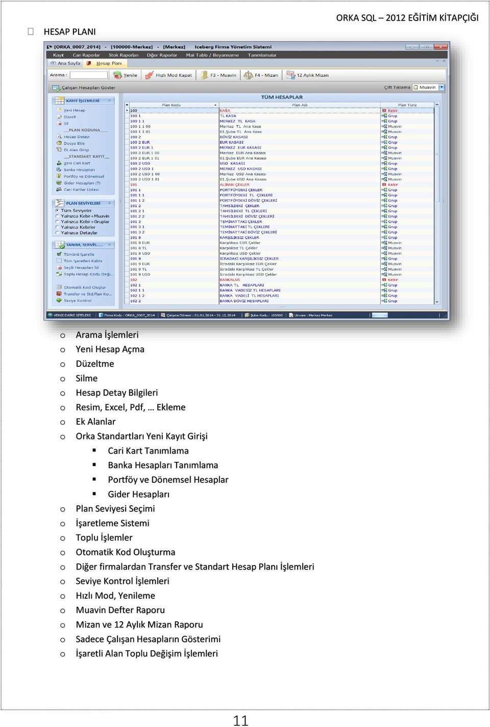 Seçimi İşaretleme Sistemi Toplu İşlemler Otomatik Kod Oluşturma Diğer firmalardan Transfer ve Standart Hesap Planı İşlemleri Seviye Kontrol