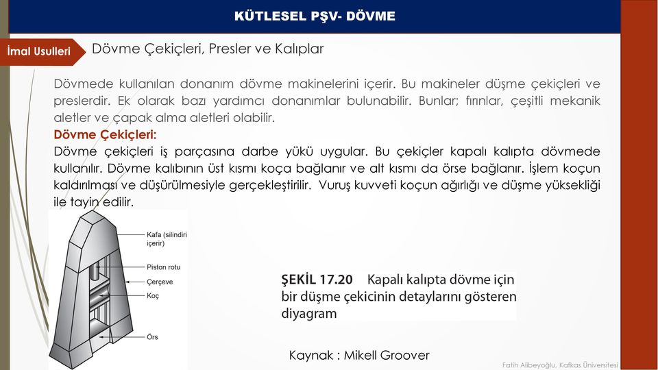 Dövme Çekiçleri: Dövme çekiçleri iş parçasına darbe yükü uygular. Bu çekiçler kapalı kalıpta dövmede kullanılır.