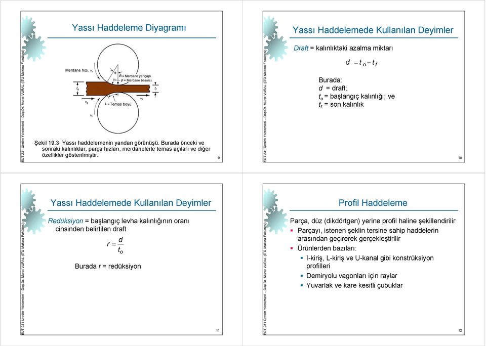 9 Draft = kalınlıktaki azalma miktarı d = t o t f Burada: d = draft; t o = başlangıç kalınlığı; ve t f = son kalınlık 10 Yassı Haddelemede Kullanılan Deyimler Profil Haddeleme Redüksiyon = başlangıç