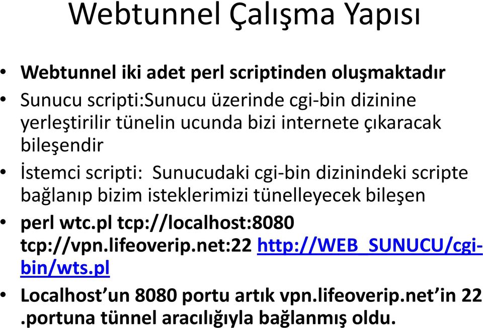 dizinindeki scripte bağlanıp bizim isteklerimizi tünelleyecek bileşen perl wtc.pl tcp://localhost:8080 tcp://vpn.