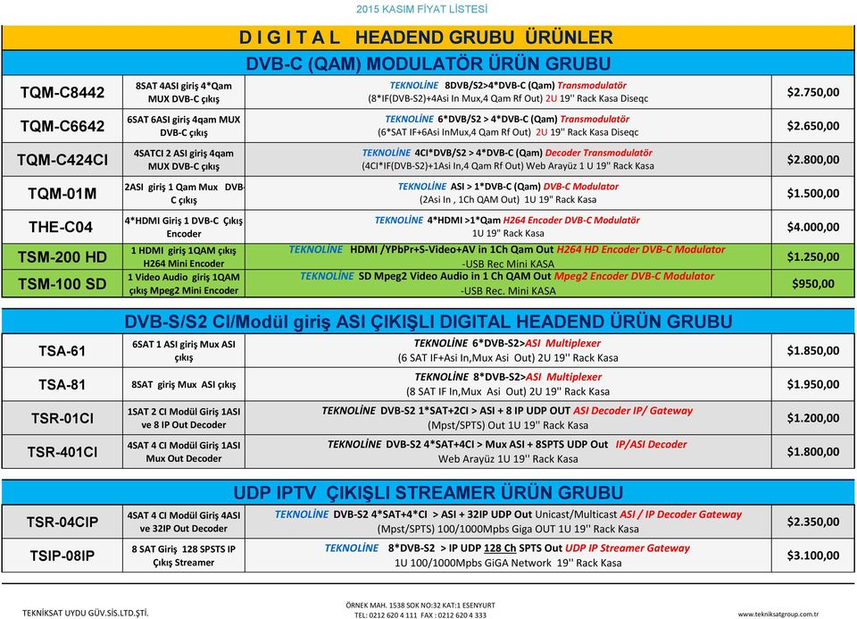 GRUBU ÜRÜNLER DVB-C (QAM) MODULATÖR ÜRÜN GRUBU TEKNOLİNE 8DVB/S2>4*DVB-C (Qam) Transmodulatör (8*IF(DVB-S2)+4Asi In Mux,4 Qam Rf Out) 2U 19'' Rack Kasa Diseqc TEKNOLİNE 6*DVB/S2 > 4*DVB-C (Qam)