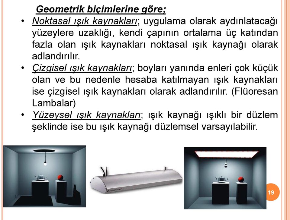 Çizgisel ışık kaynakları; boyları yanında enleri çok küçük olan ve bu nedenle hesaba katılmayan ışık kaynakları ise çizgisel