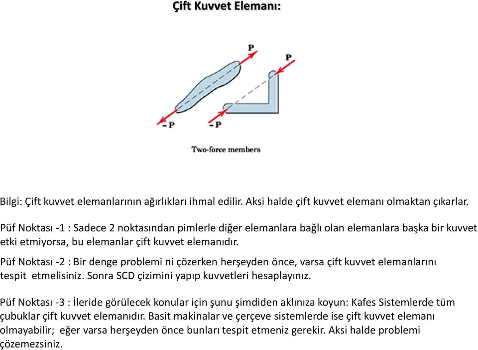 Püf Noktası -2 : Bir denge problemi ni çözerken herşeyden önce, varsa çift kuvvet elemanlarını tespit etmelisiniz. Sonra SCD çizimini yapıp kuvvetleri hesaplayınız.