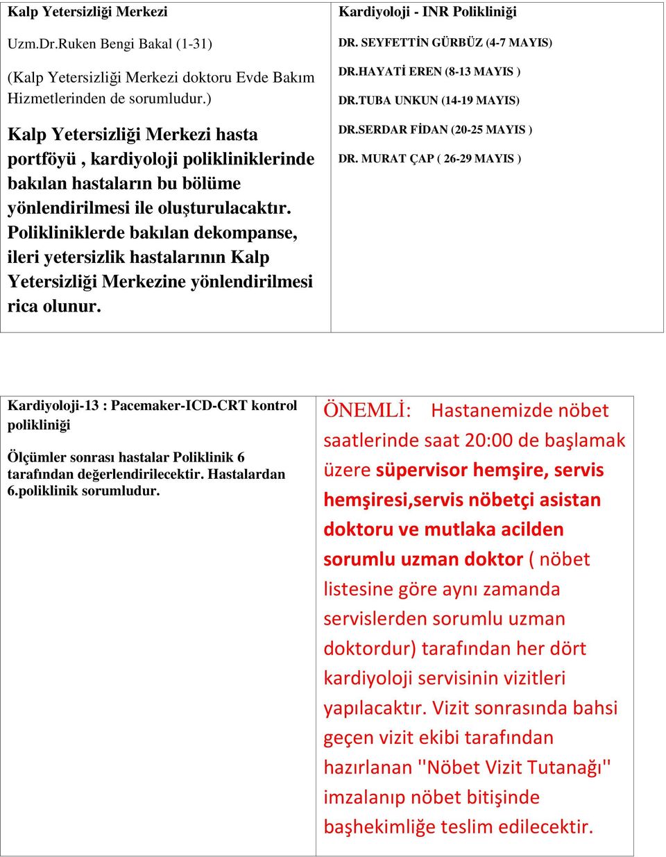 Polikliniklerde bakılan dekompanse, ileri yetersizlik hastalarının Kalp Yetersizliği Merkezine yönlendirilmesi rica olunur. Kardiyoloji - INR Polikliniği DR. SEYFETTİN GÜRBÜZ (4-7 MAYIS) DR.