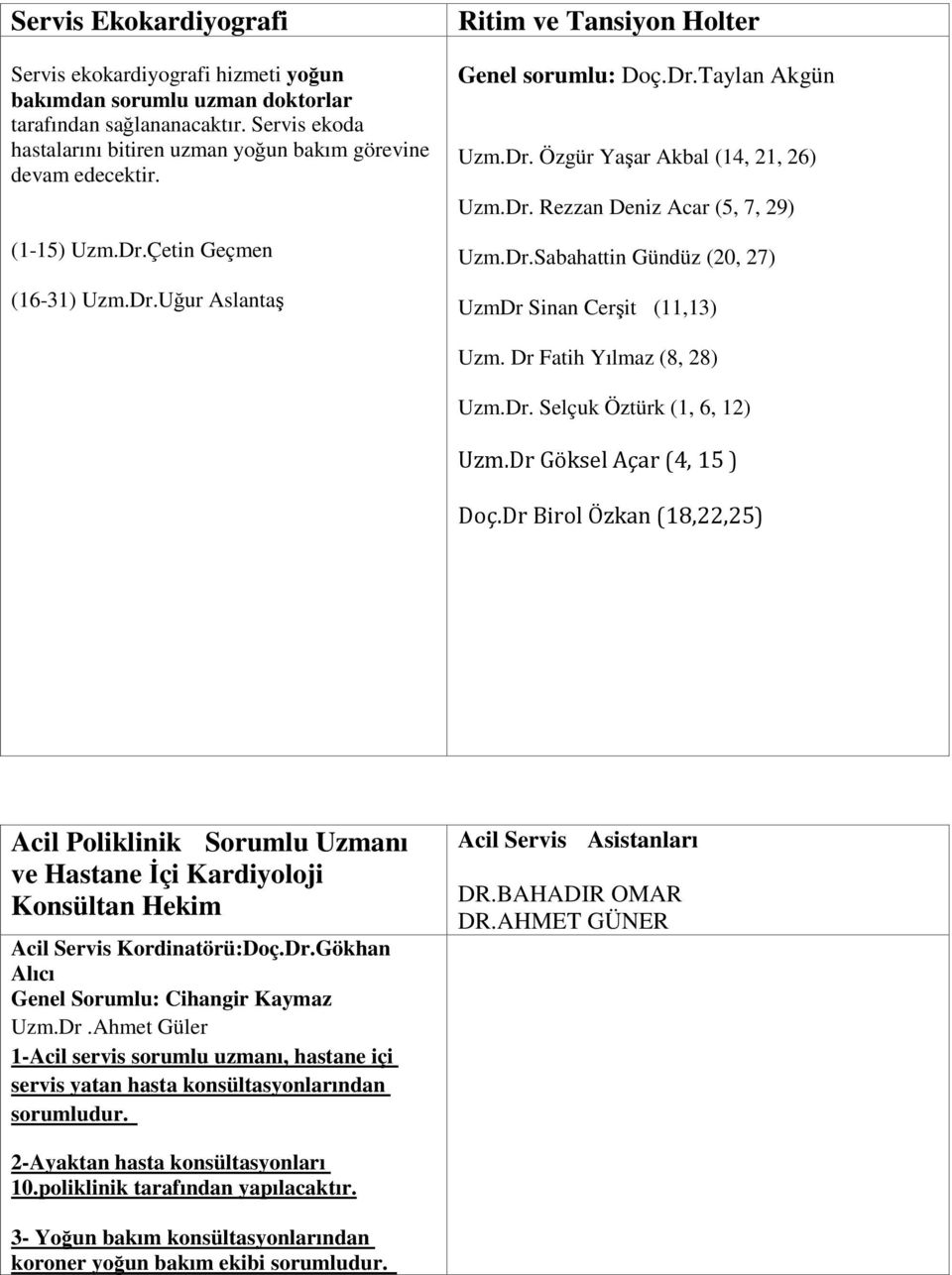 Dr Fatih Yılmaz (8, 28) Uzm.Dr. Selçuk Öztürk (1, 6, 12) Uzm.Dr Göksel Açar (4, 15 ) Doç.