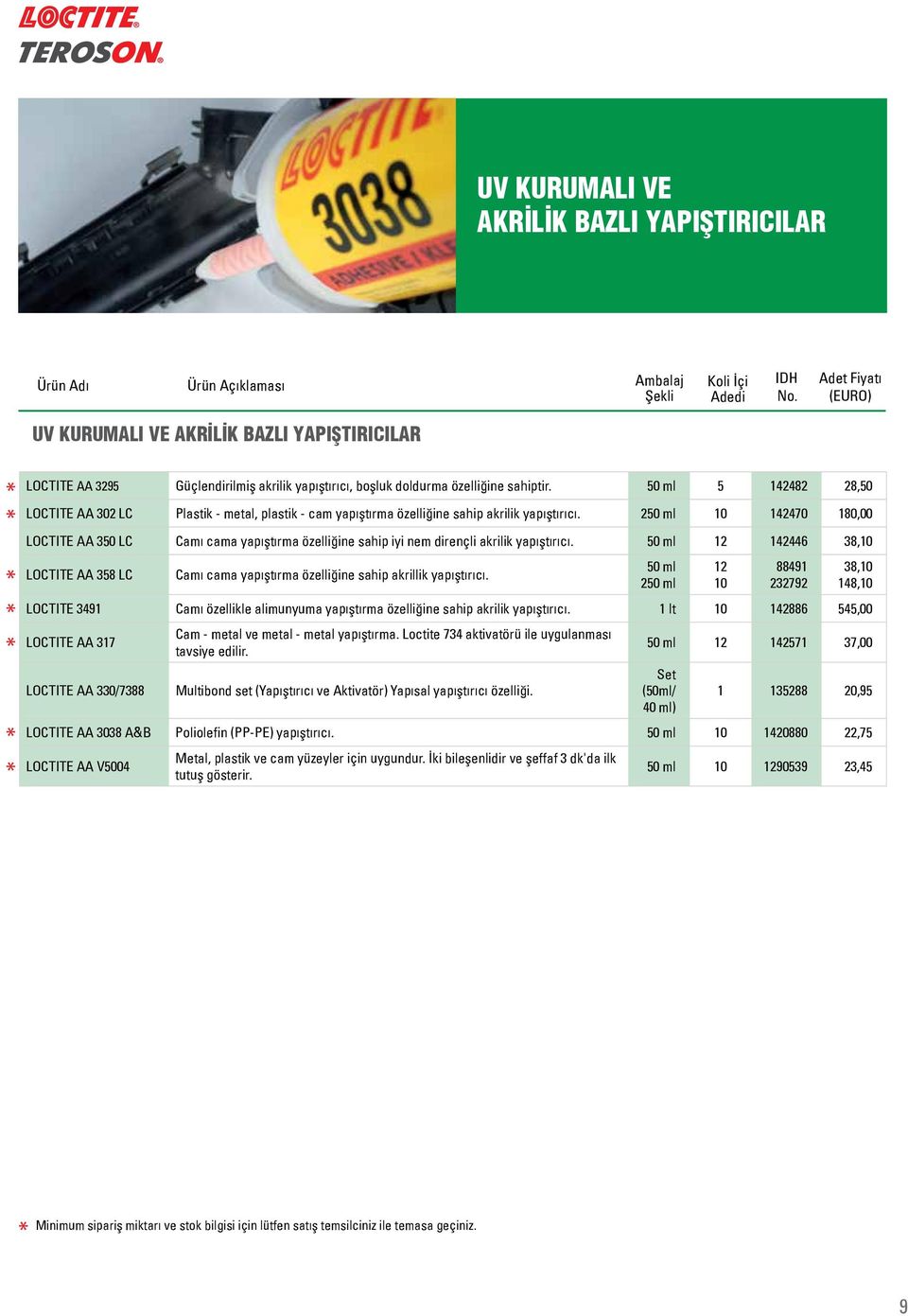 2 142470 180,00 LOCTITE AA 350 LC Camı cama yapıştırma özelliğine sahip iyi nem dirençli akrilik yapıştırıcı. 142446 38, LOCTITE AA 358 LC Camı cama yapıştırma özelliğine sahip akrillik yapıştırıcı.