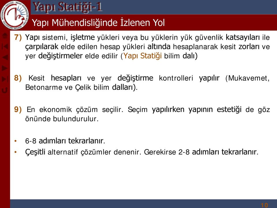 ve yer değiştirme kontrolleri yapılır (Mukavemet, Betonarme ve Çelik bilim dalları). 9) En ekonomik çözüm seçilir.