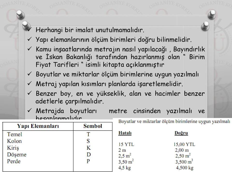 açıklanmıştır Boyutlar ve miktarlar ölçüm birimlerine uygun yazılmalı Metraj yapılan kısımları planlarda işaretlemelidir.