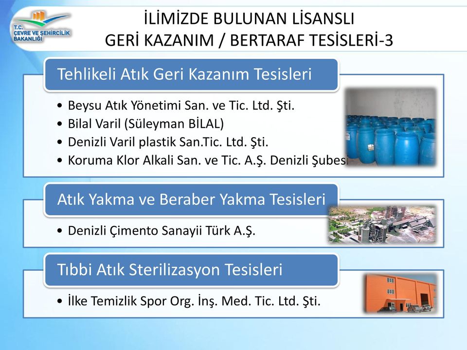 ve Tic. A.Ş. Denizli Şubesi Atık Yakma ve Beraber Yakma Tesisleri Denizli Çimento Sanayii Türk A.Ş. Tıbbi Atık Sterilizasyon Tesisleri İlke Temizlik Spor Org.