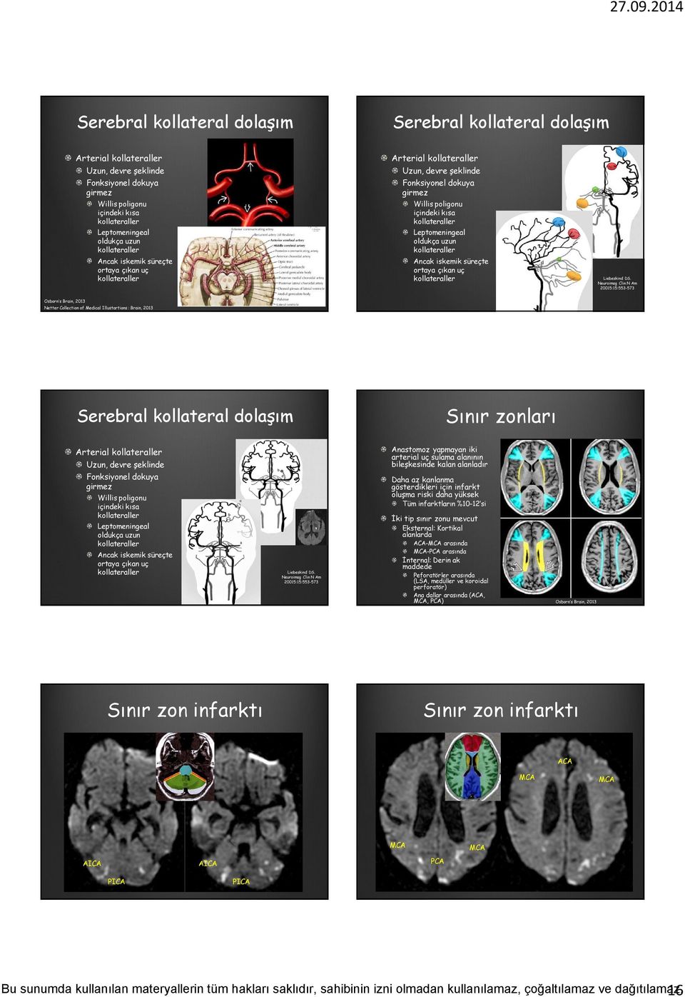 Neuroimag Clin N Am 20015:15:553-573 Osborn s Brain, 2013 Netter Collection of Medical Illustartions : Brain, 2013 Serebral kollateral dolaşım Sınır zonları Arterial Uzun, devre şeklinde Fonksiyonel