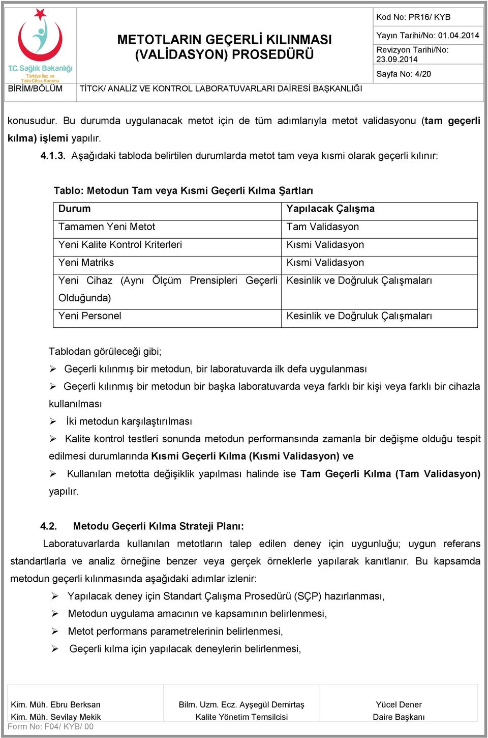 Yeni Kalite Kontrol Kriterleri Kısmi Validasyon Yeni Matriks Kısmi Validasyon Yeni Cihaz (Aynı Ölçüm Prensipleri Geçerli Kesinlik ve Doğruluk Çalışmaları Olduğunda) Yeni Personel Kesinlik ve Doğruluk