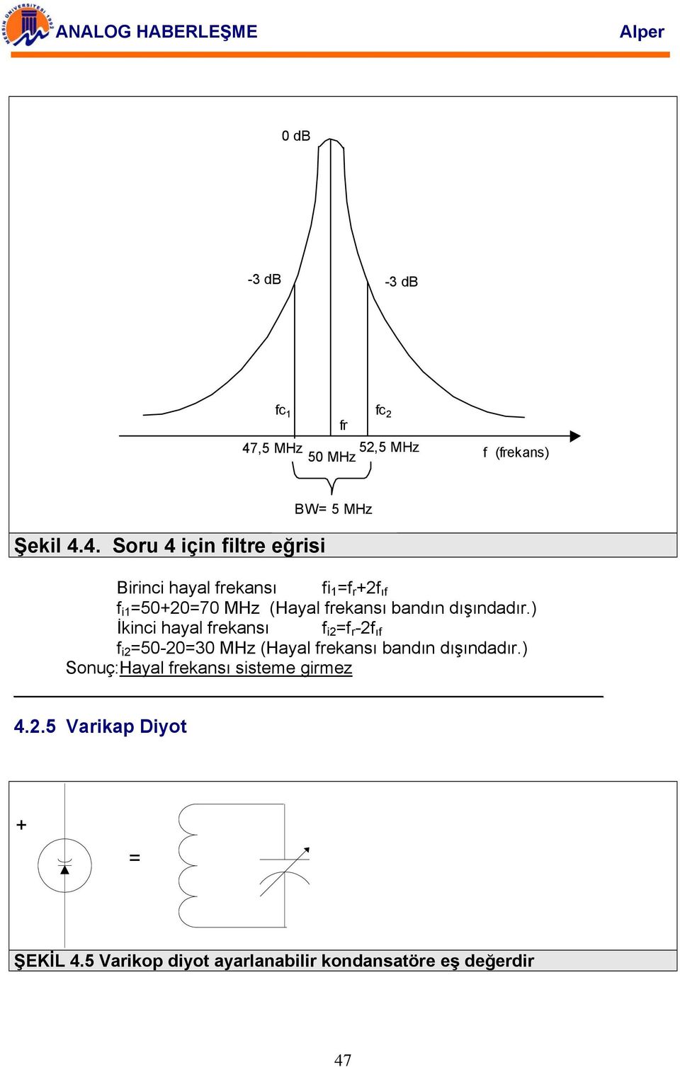 4. Soru 4 için iltre eğrisi Birinci hayal ekansı i r + ı i 50+070 MHz (Hayal ekansı bandın