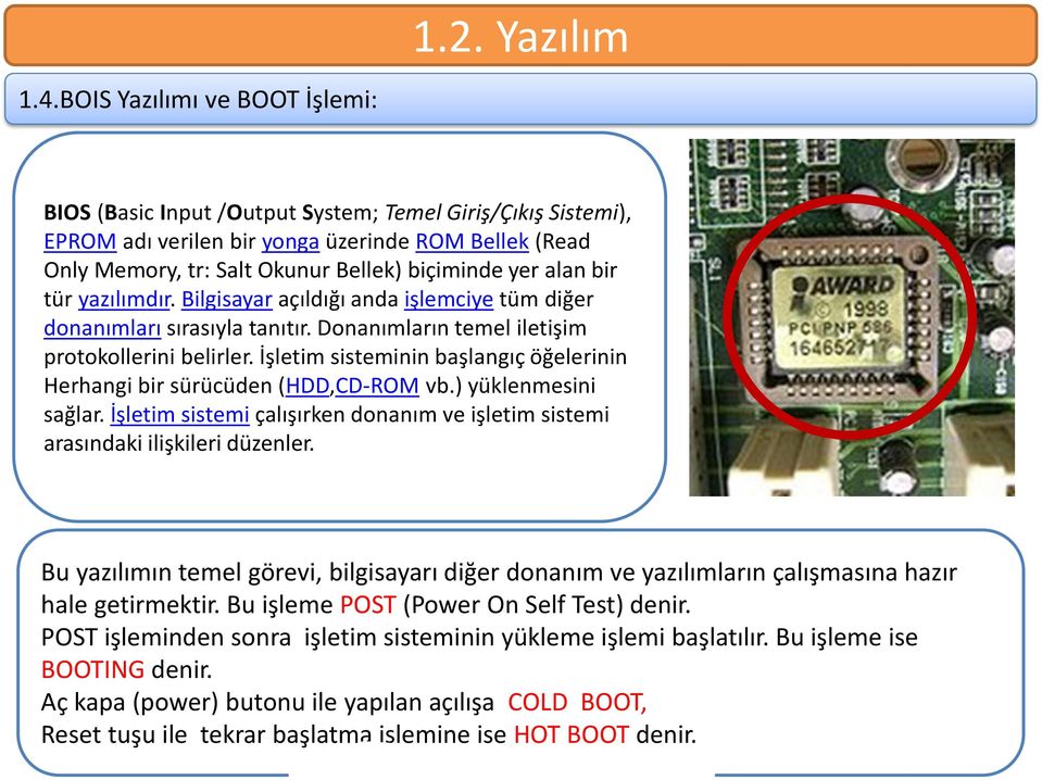 alan bir tür yazılımdır. Bilgisayar açıldığı anda işlemciye tüm diğer donanımları sırasıyla tanıtır. Donanımların temel iletişim protokollerini belirler.