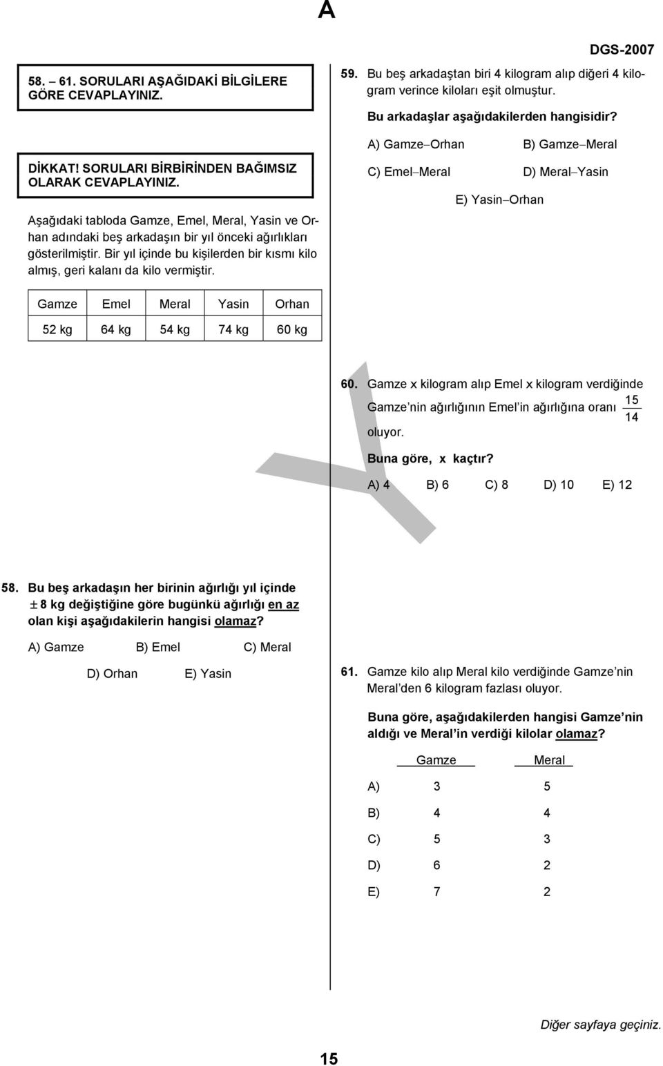 Aşağıdaki tabloda Gamze, Emel, Meral, Yasin ve Orhan adındaki beş arkadaşın bir yıl önceki ağırlıkları gösterilmiştir. Bir yıl içinde bu kişilerden bir kısmı kilo almış, geri kalanı da kilo vermiştir.