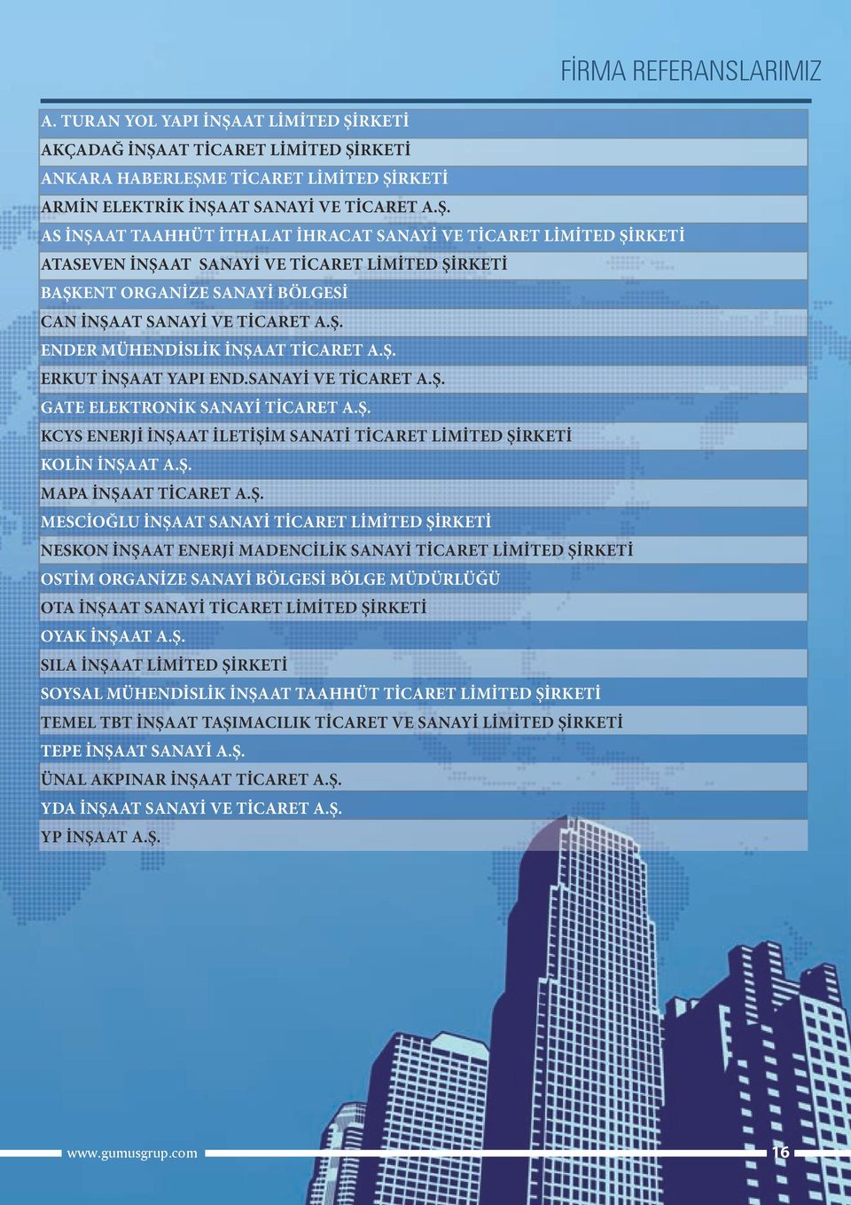 Ş. ENDER MÜHENDİSLİK İNŞAAT TİCARET A.Ş. ERKUT İNŞAAT YAPI END.SANAYİ VE TİCARET A.Ş. GATE ELEKTRONİK SANAYİ TİCARET A.Ş. KCYS ENERJİ İNŞAAT İLETİŞİM SANATİ TİCARET LİMİTED ŞİRKETİ KOLİN İNŞAAT A.Ş. MAPA İNŞAAT TİCARET A.