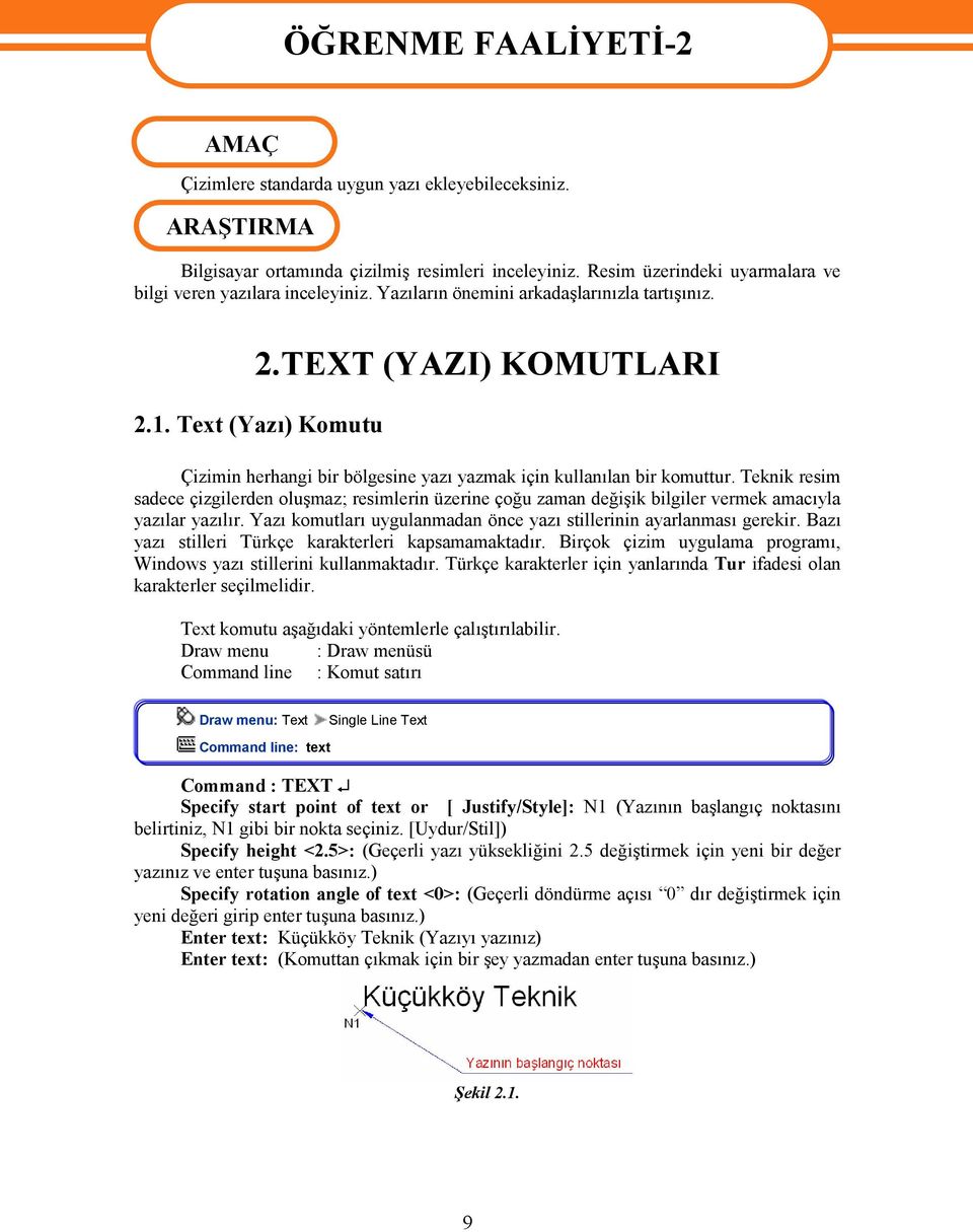 Text (Yazı) Komutu Çizimin herhangi bir bölgesine yazı yazmak için kullanılan bir komuttur.