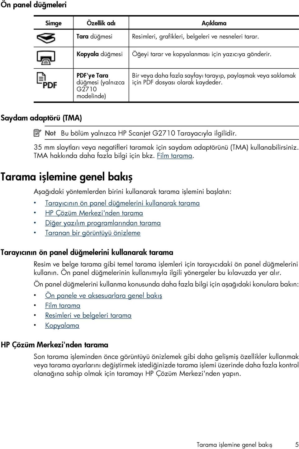 Saydam adaptörü (TMA) Not Bu bölüm yalnızca HP Scanjet G2710 Tarayacıyla ilgilidir. 35 mm slaytları veya negatifleri taramak için saydam adaptörünü (TMA) kullanabilirsiniz.