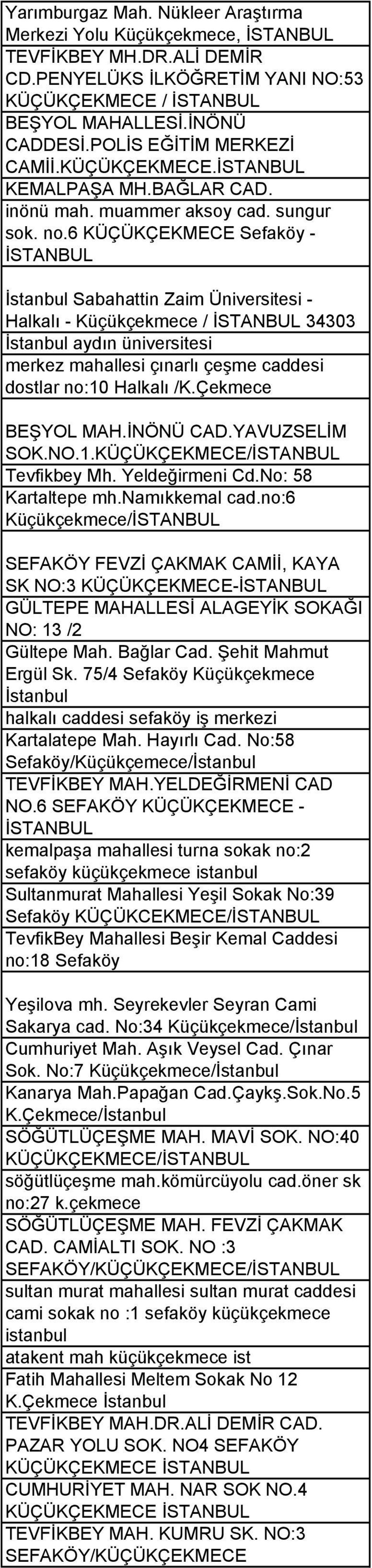 6 KÜÇÜKÇEKMECE Sefaköy - İSTANBUL İstanbul Sabahattin Zaim Üniversitesi - Halkalı - Küçükçekmece / İSTANBUL 34303 İstanbul aydın üniversitesi merkez mahallesi çınarlı çeşme caddesi dostlar no:10