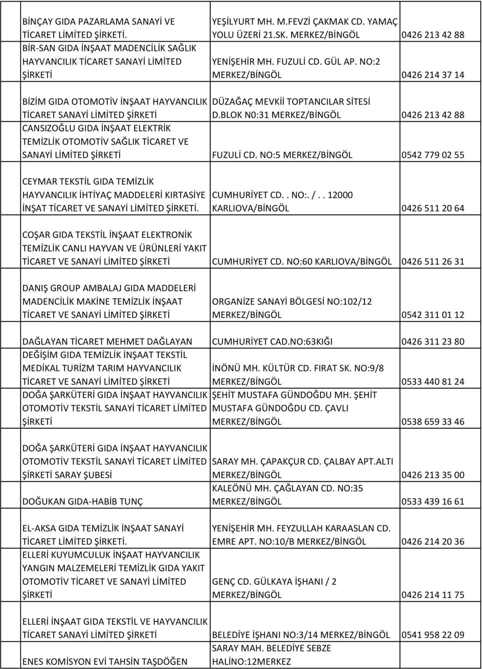 BLOK N0:31 MERKEZ/BİNGÖL 0426 213 42 88 CANSIZOĞLU GIDA İNŞAAT ELEKTRİK TEMİZLİK OTOMOTİV SAĞLIK TİCARET VE SANAYİ FUZULİ CD.