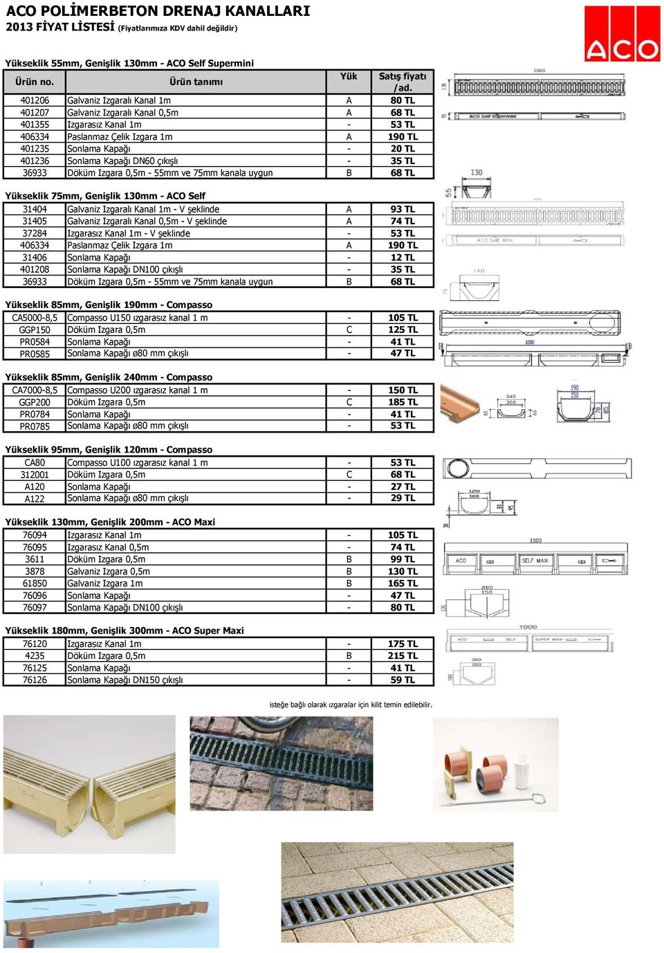 75mm, Genişlik 130mm - ACO Self 31404 Galvaniz Izgaralı Kanal 1m - V şeklinde A 93 TL 31405 Galvaniz Izgaralı Kanal 0,5m - V şeklinde A 74 TL 37284 Izgarasız Kanal 1m - V şeklinde - 53 TL 406334