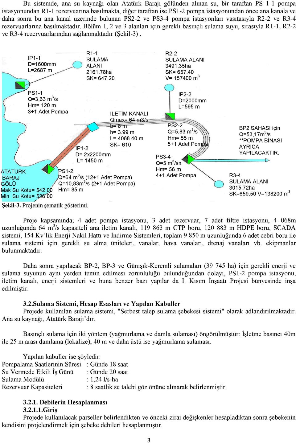 Bölüm 1, 2 ve 3 alanları için gerekli basınçlı sulama suyu, sırasıyla R1-1, R2-2 ve R3-4 rezervuarlarından sağlanmaktadır (Şekil-3).