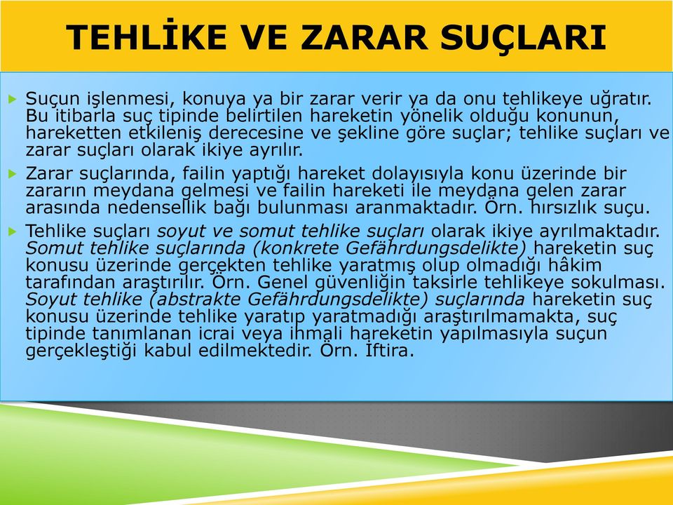 Zarar suçlarında, failin yaptığı hareket dolayısıyla konu üzerinde bir zararın meydana gelmesi ve failin hareketi ile meydana gelen zarar arasında nedensellik bağı bulunması aranmaktadır. Örn.