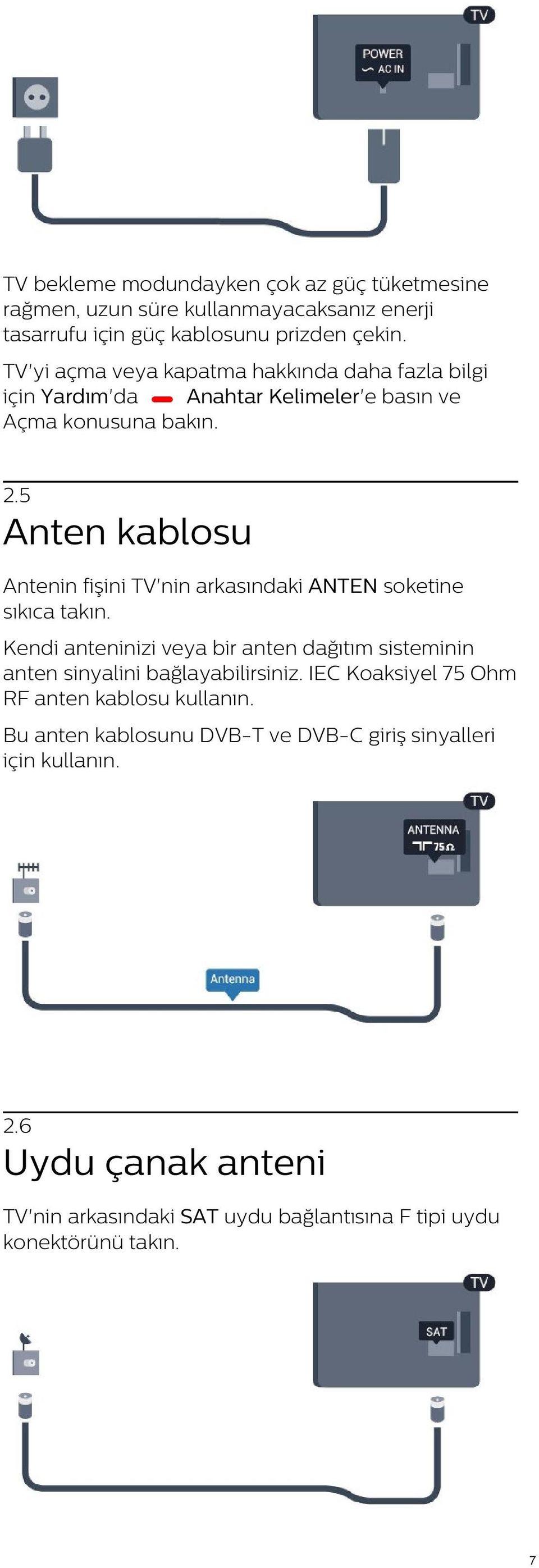 5 Anten kablosu Antenin fişini TV'nin arkasındaki ANTEN soketine sıkıca takın.