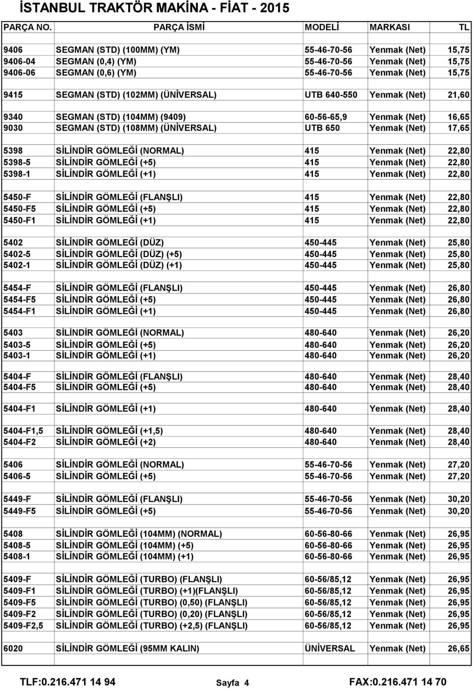 GÖMLEĞİ (NORMAL) 415 Yenmak (Net) 22,80 5398-5 SİLİNDİR GÖMLEĞİ (+5) 415 Yenmak (Net) 22,80 5398-1 SİLİNDİR GÖMLEĞİ (+1) 415 Yenmak (Net) 22,80 5450-F SİLİNDİR GÖMLEĞİ (FLANŞLI) 415 Yenmak (Net)