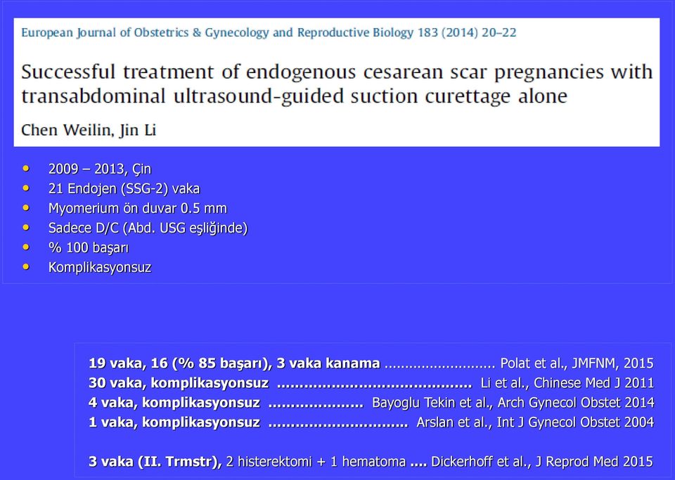 , JMFNM, 2015 30 vaka, komplikasyonsuz. Li et al., Chinese Med J 2011 4 vaka, komplikasyonsuz Bayoglu Tekin et al.