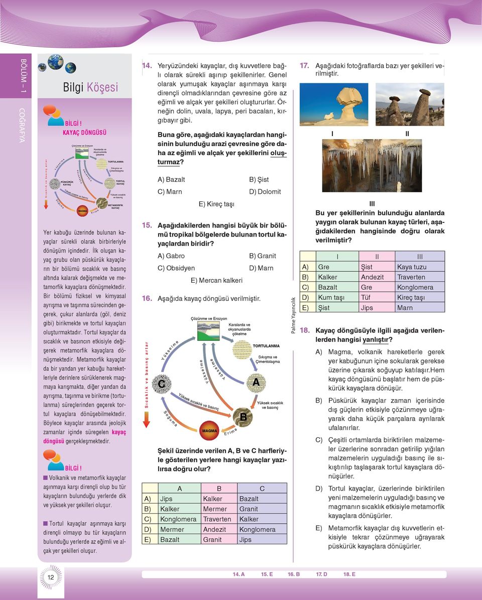 12 A) Gabro B) Granit C) Obsidyen D) Marn I A) B) C) D) E) E) Mercan kalkeri 16. Aşağıda kayaç döngüsü verilmiştir.