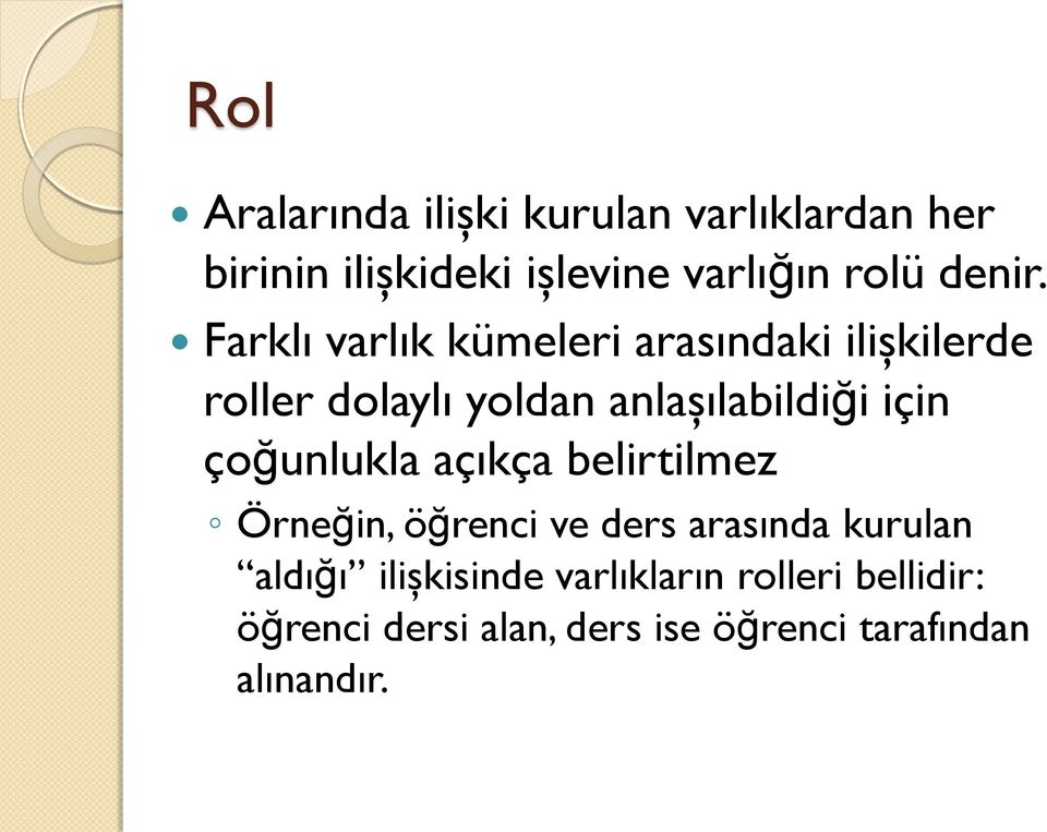 Farklı varlık kümeleri arasındaki ilişkilerde roller dolaylı yoldan anlaşılabildiği için