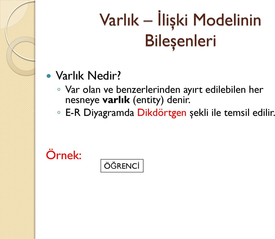 nesneye varlık (entity) denir.