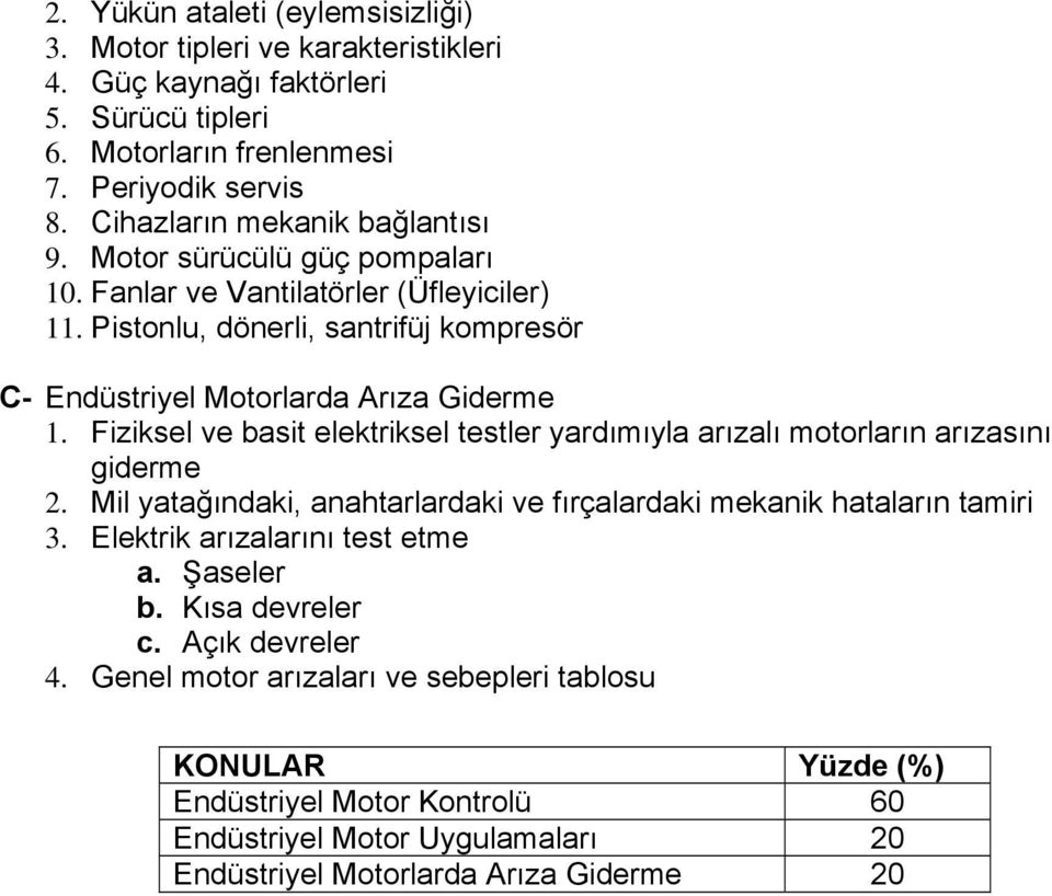 Fiziksel ve basit elektriksel testler yardımıyla arızalı motorların arızasını giderme 2. Mil yatağındaki, anahtarlardaki ve fırçalardaki mekanik hataların tamiri 3.