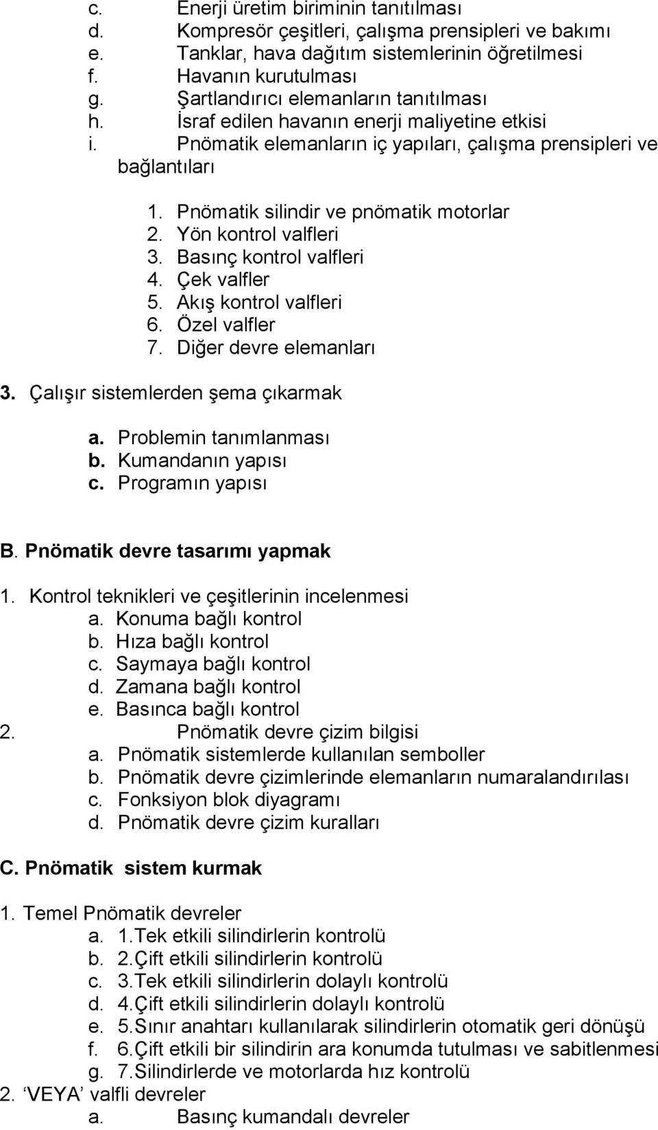 Pnömatik silindir ve pnömatik motorlar 2. Yön kontrol valfleri 3. Basınç kontrol valfleri 4. Çek valfler 5. Akış kontrol valfleri 6. Özel valfler 7. Diğer devre elemanları 3.