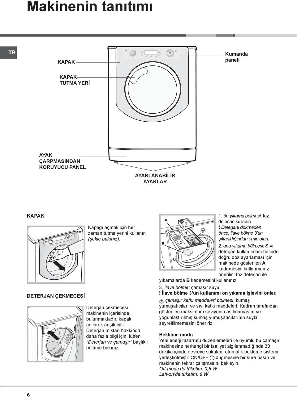Deterjan miktarı hakkında daha fazla bilgi için, lütfen Deterjan ve çamaşır başlıklı bölüme bakınız. A 3 1 1. ön yıkama bölmesi: toz deterjan kullanın.