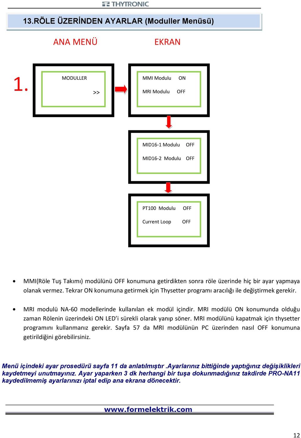 modül içindir MRI modülü ON konumunda olduğu zaman Rölenin üzerindeki ON LED i sürekli olarak yanıp söner MRI modülünü kapatmak için thysetter programını kullanmanız gerekir Sayfa 57 da MRI modülünün