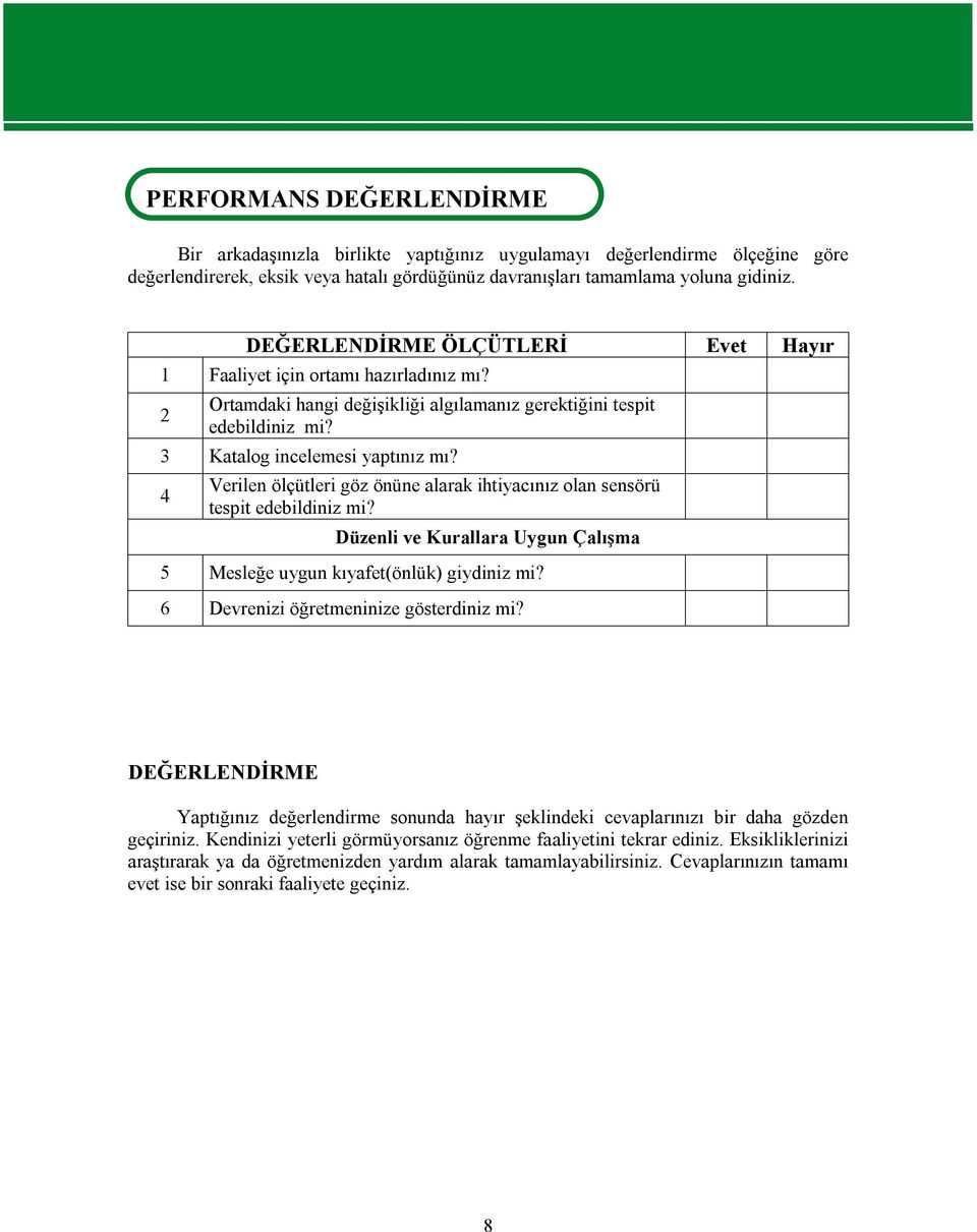 4 Verilen ölçütleri göz önüne alarak ihtiyacınız olan sensörü tespit edebildiniz mi? Düzenli ve Kurallara Uygun Çalışma 5 Mesleğe uygun kıyafet(önlük) giydiniz mi?