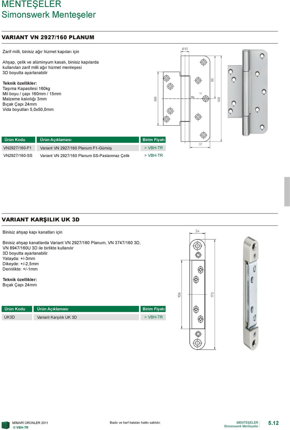 2927/160 Planum F1-Gümüş Variant VN 2927/160 Planum SS-Paslanmaz Çelik VARIANT KARŞILIK UK 3D Binisiz ahşap kapı kanatları için Binisiz ahşap kanatlarda Variant VN 2927/160