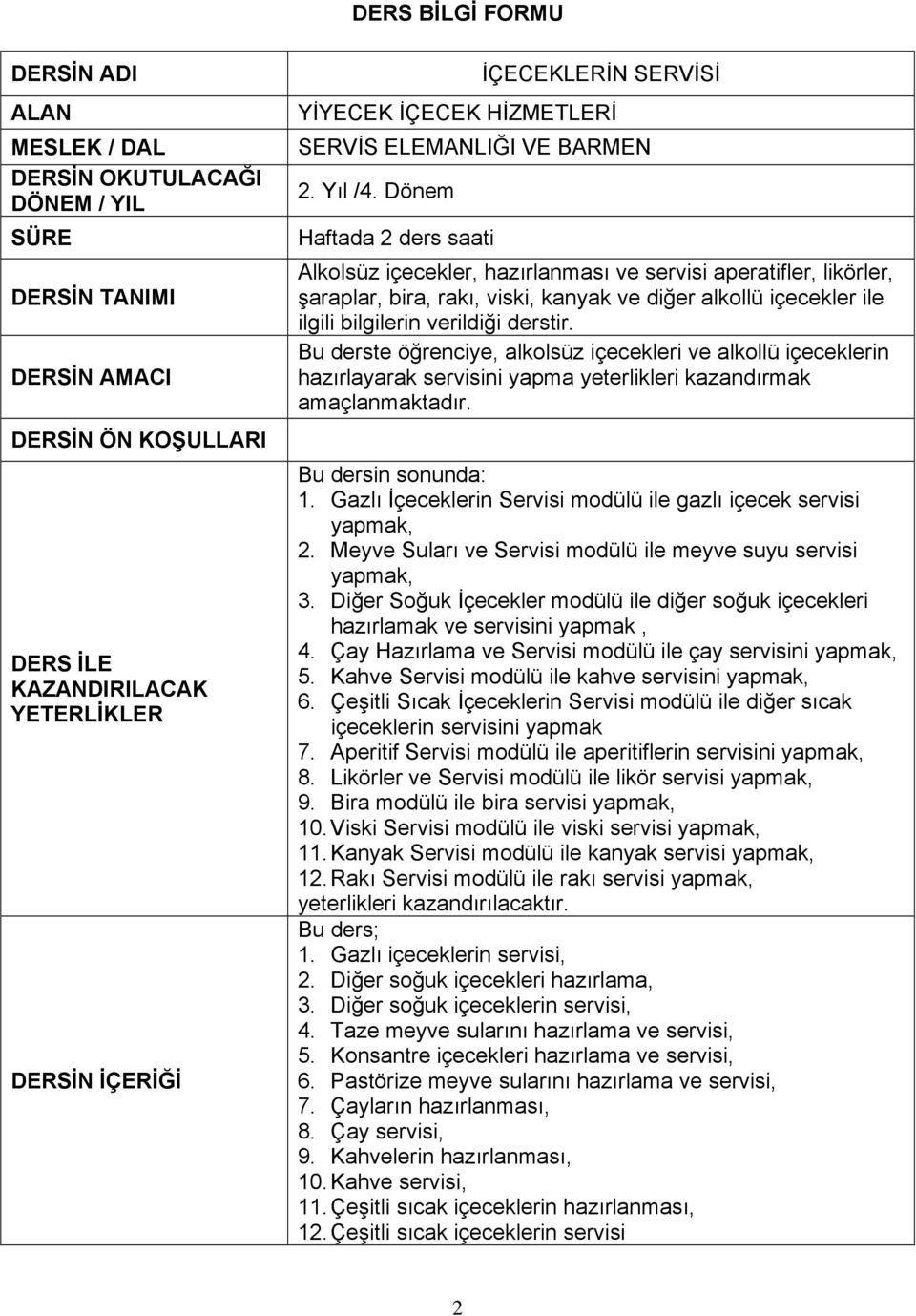 Dönem Haftada 2 ders saati Alkolsüz içecekler, hazırlanması ve servisi aperatifler, likörler, şaraplar, bira, rakı, viski, kanyak ve diğer alkollü içecekler ile ilgili bilgilerin verildiği derstir.